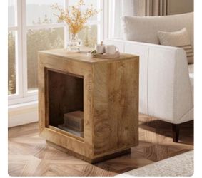 Natural 2 Tier Square End Table with Storage Shelf for Living Room Bedroom