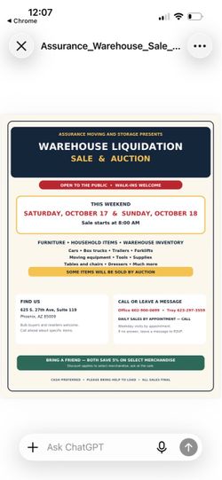 BIG Warehouse Liquidation Sale – Furniture, Tools & More!