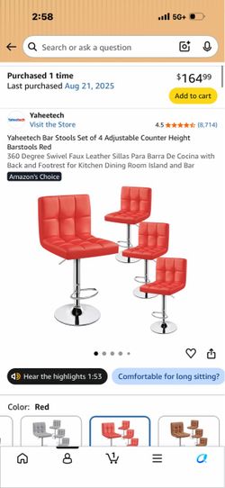 Yaheetech Bar Stools Set of 4 Adjustable Counter Height Barstools Red