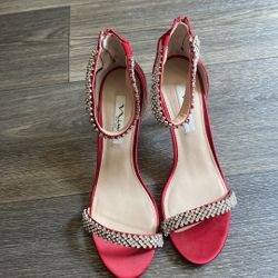 NINA NYC Red Padded Ankle Strap Round Toe Stiletto Zip-Up Dress Heeled Sandal 9M
