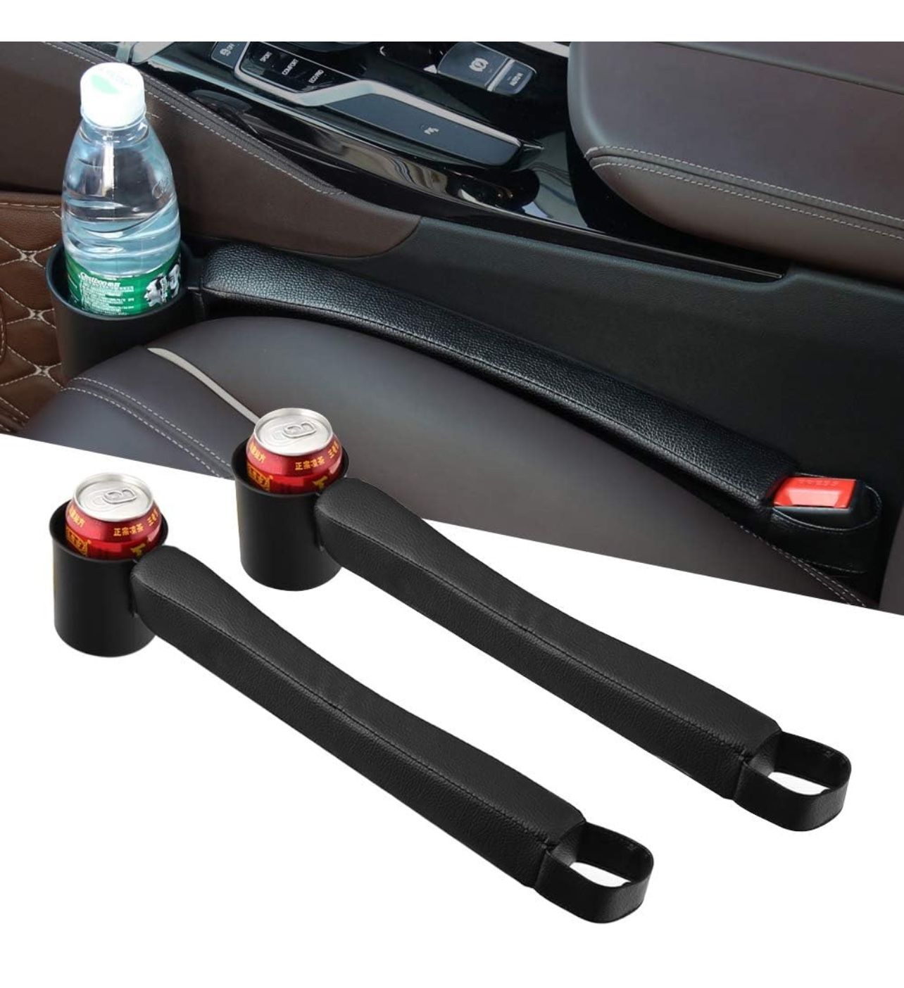 Supin 2 prices Car Seat Gap Filler Pad PU Leather Console Side Pocket Organizer and one cup for Cellphone Wallet Coin Key (Black)