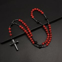 Men’s Red/Black Cross Rosary Pendant Necklace!!!