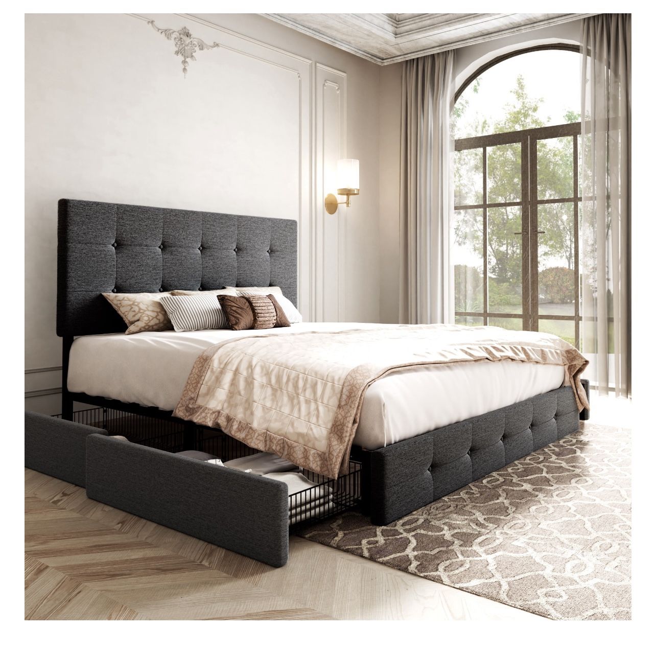 Dark Grey Queen Bed with 4 Storage Drawers and Headboard 