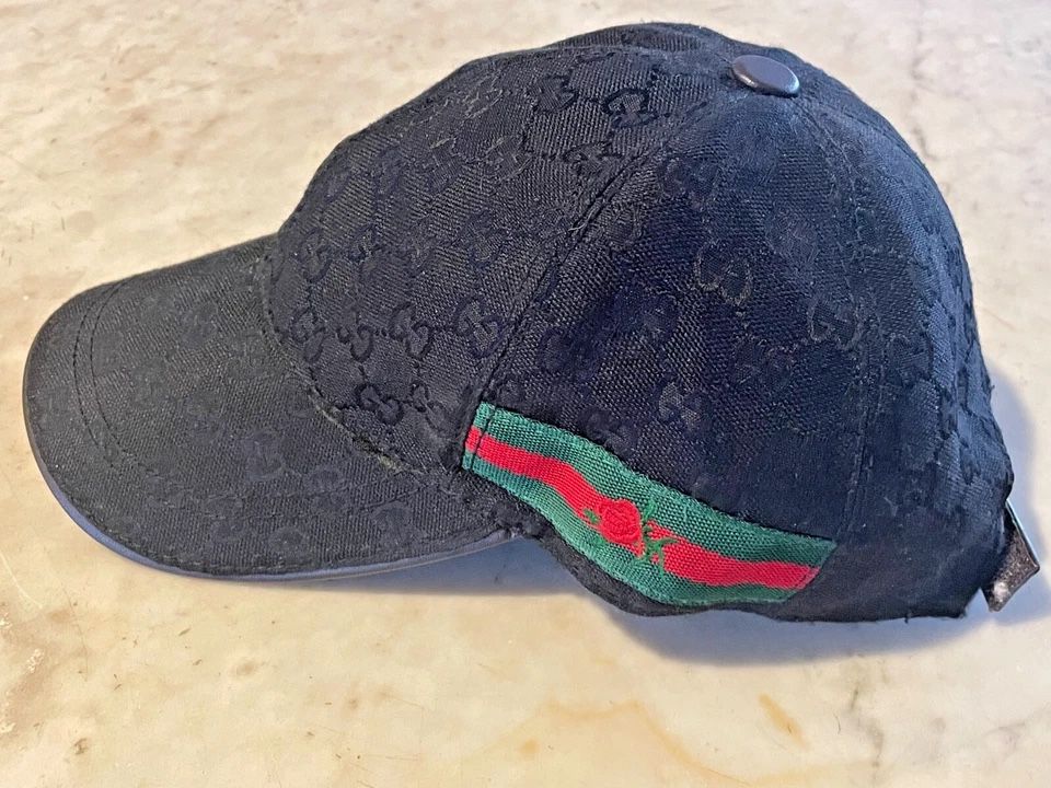 Authentic Canvas Black Original Monogram GG Hat,Leather Adjustable strap