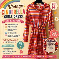 VTG Cinderella Girls Sz 14 Rainbow Stripe Hooded Dress 70s Retro Kidcore USA