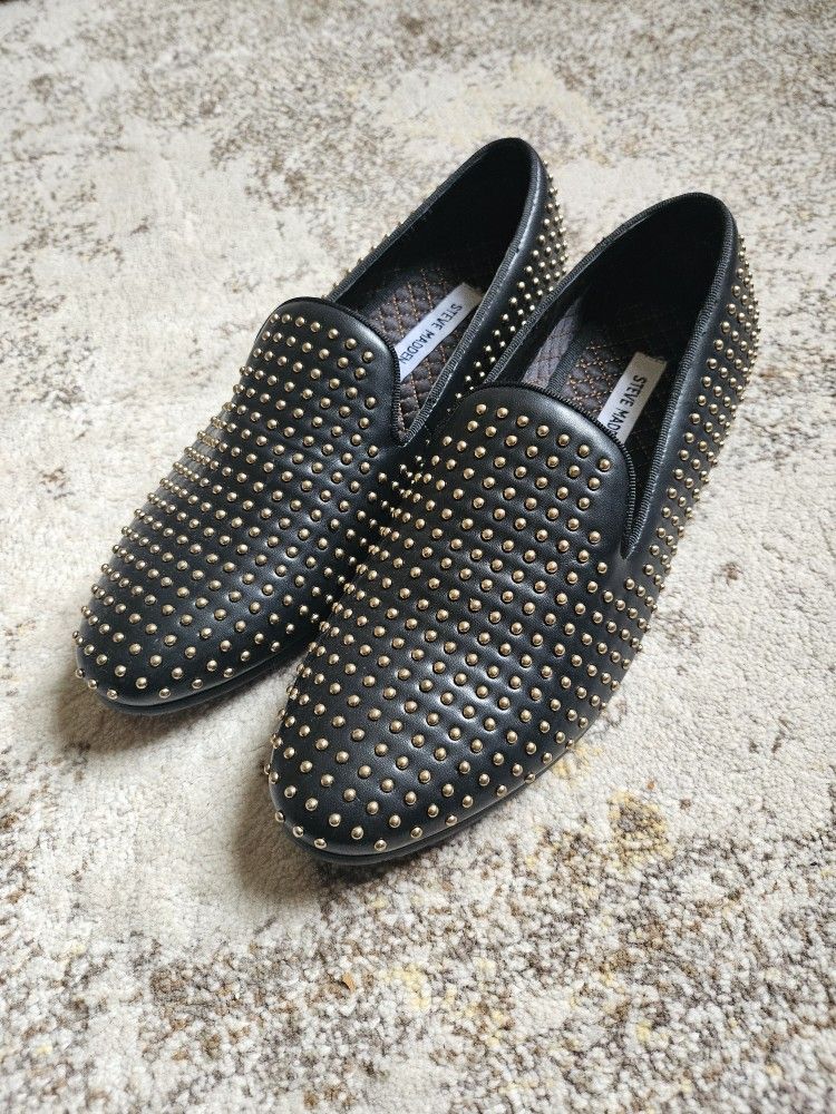 Men's Steve Madden Capital 9 42 Black Gold Studded Slipon Loafers Shoe New Years Posh Fancy Premium Cool