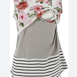 Floral Grey Striped Maternity Nursing Top Small