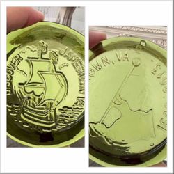 Set of 2 Vintage Jamestown Souvenir Green Blown Glass Paperweights / Coasters
