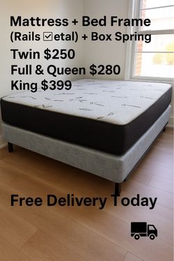 🌟 Queen Mattress, Box Spring, and Rails Frame Set - Delivery Today And Pay On The Delivery