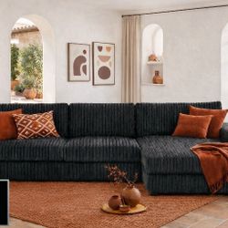 L-Shape Sectional 129" Black Corduroy W Cupholders 
