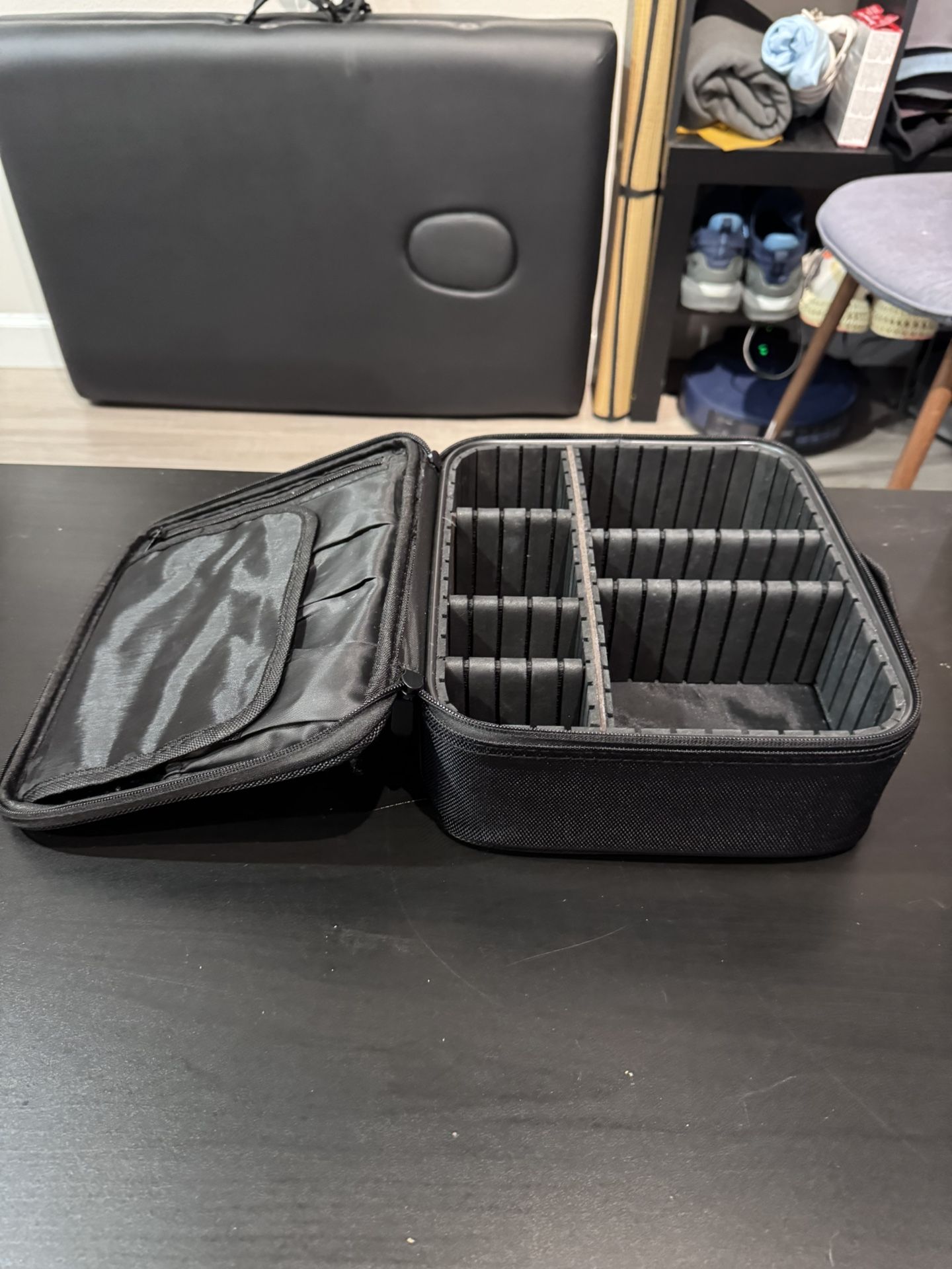 Relavel Travel Makeup & Organizer Case – 10”x9”x4” Adjustable Compartments, Black Hard Shell