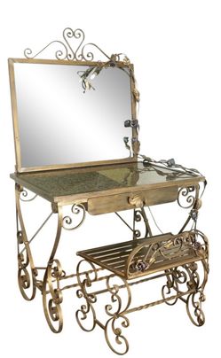 Vintage Iron Vanity & Mirror Granite Table Top, Floral Accents & Coordinating Bench