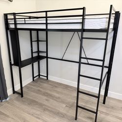 Like New Black Twin Size Metal Loft Bed with Built-in Desk and 2-Shelves, 2-Ladders