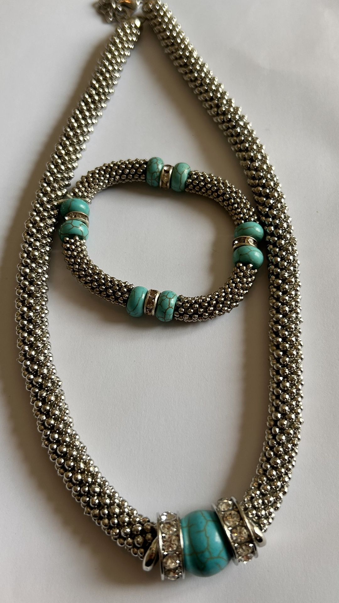 Set Of Silver And Turquoise Necklace And Bracelet