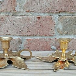 Vintage Waccamaw Brass Holly Leaf Candlestick Holders 