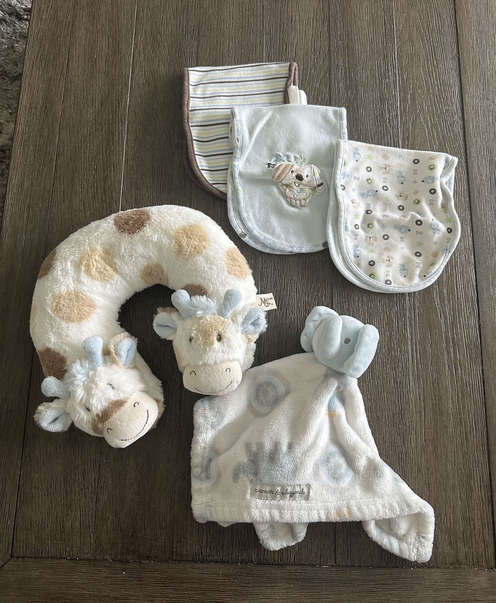 Baby Neck Pillow, Elephant Blankie And 3 Burp Cloths