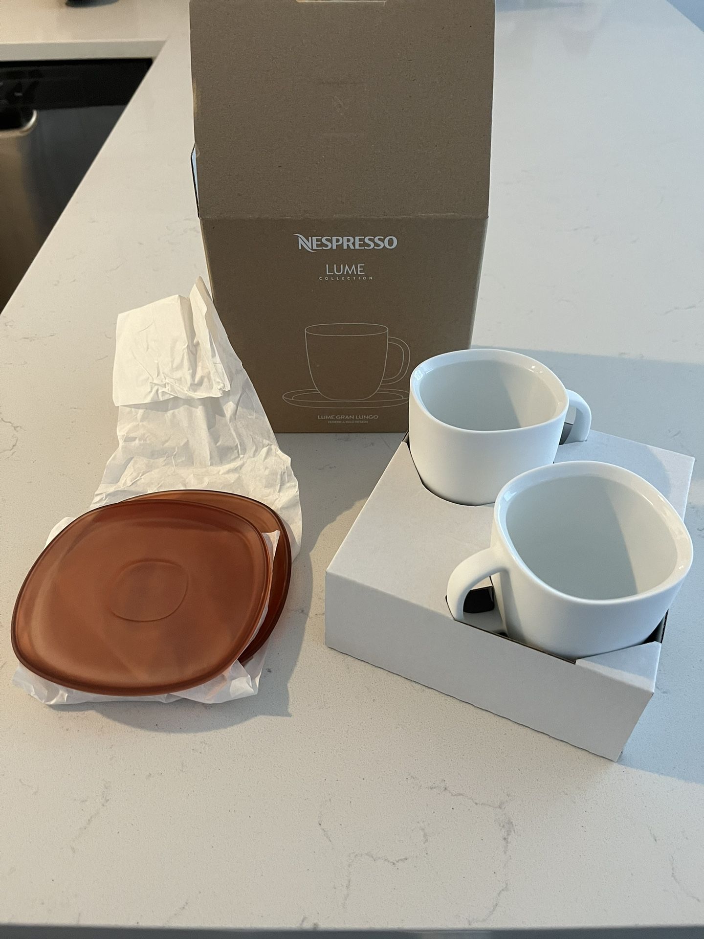 NESPRESSO Lume Collection Set of 2 Gran Lungo Coffee Cups & Saucers In Box