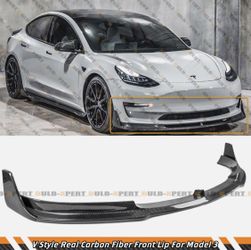 V Style 3pc Real Carbon Fiber Front Bumper Lip Splitter For 17-23 Tesla Model 3