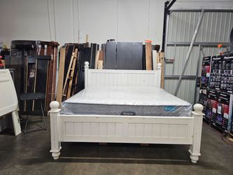 King White Wood Poster Bed Frame with Mattress