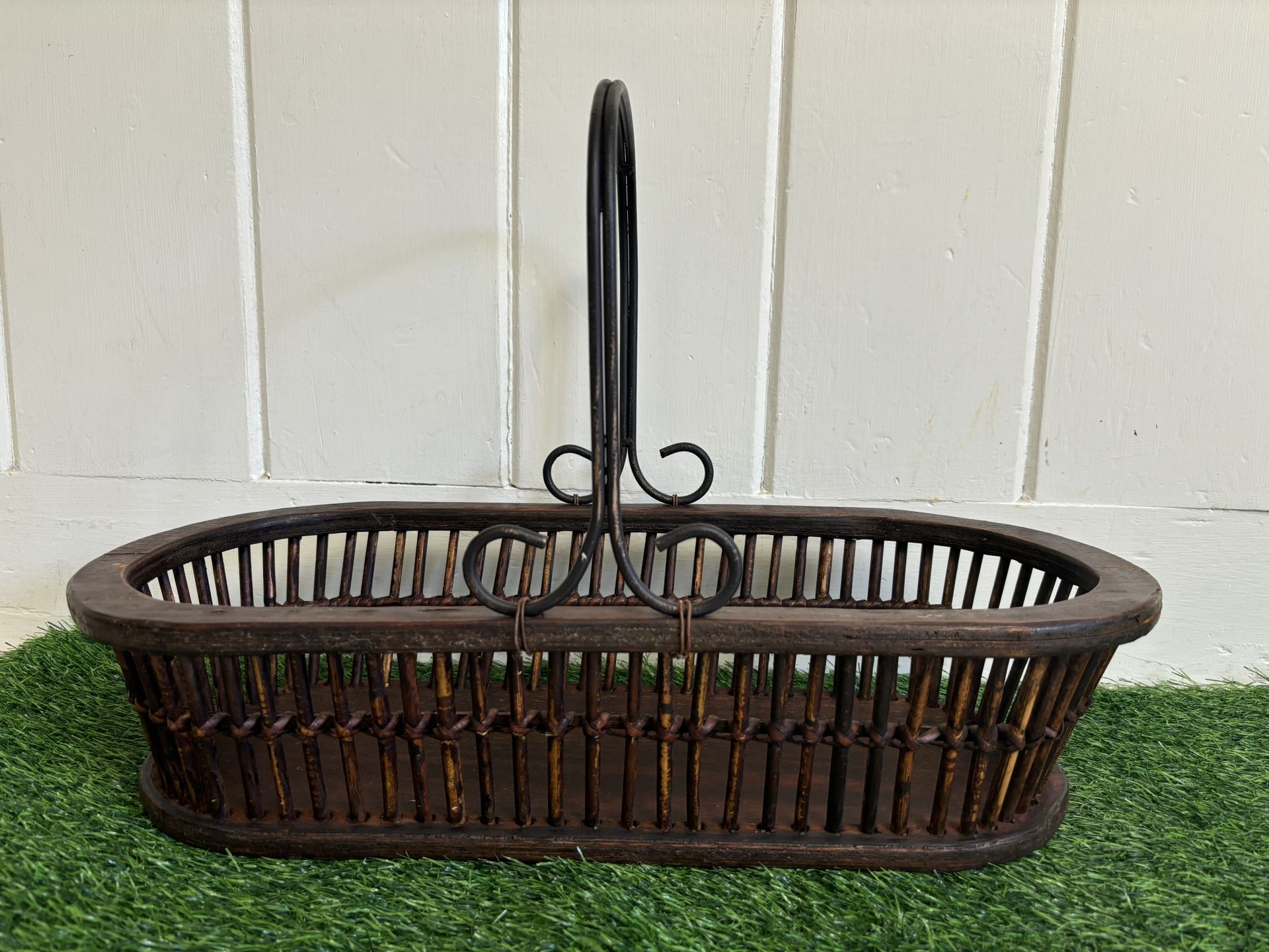 Vintage Wood Basket approximately 19.5”ux 8.75”x 4.75" Metal Handle Dark Brown Farmhouse Rustic