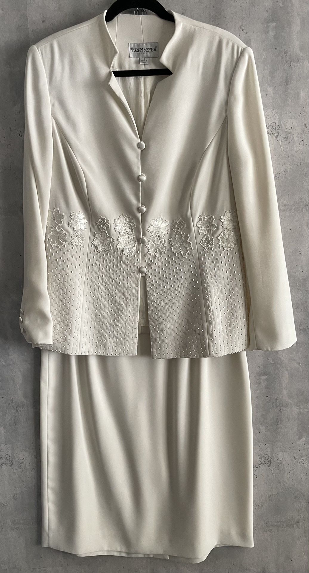 VTG John Meyer Formal EggShell Mandarin-Collar Beaded Jacket Skirt Suit S16
