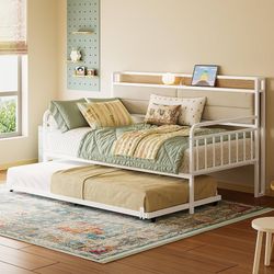 Twin XL Daybed with Trundle, Sturdy Metal Twin Bed Frame with Upholstered Headboard and Charging Station for Living Room, Bedroom and Guest Room, Whit