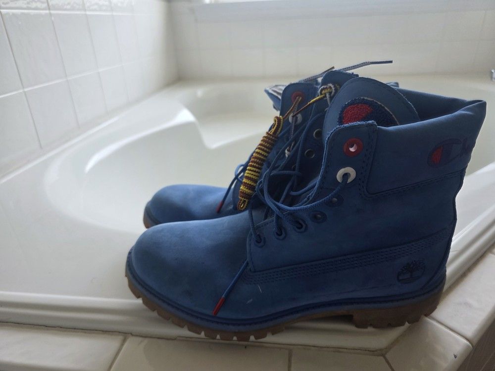 Size 9 M TIMBERLAND X CHAMPION Blue Boots Men’s