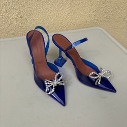 AMINA MUADDI Rosie Glass Sling 95mm Electric Blue PVC Crystal Bow Pumps EU38 US8