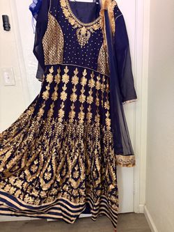 Navy Blue Gold Embroidered Anarkali Gown with Dupatta