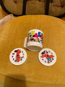 Vintage Walt Disney Mickey Mouse covered baby cup with clock + numbers + additional lid