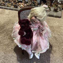Beautiful Porcelain Doll, Bear And Chair By Marie Osmond 