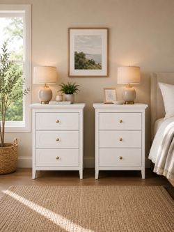 Set of 2, modern white 3 drawer nightstand