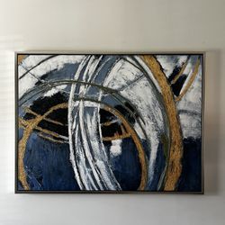 Framed Abstract Wall Art – Navy, White & Gold