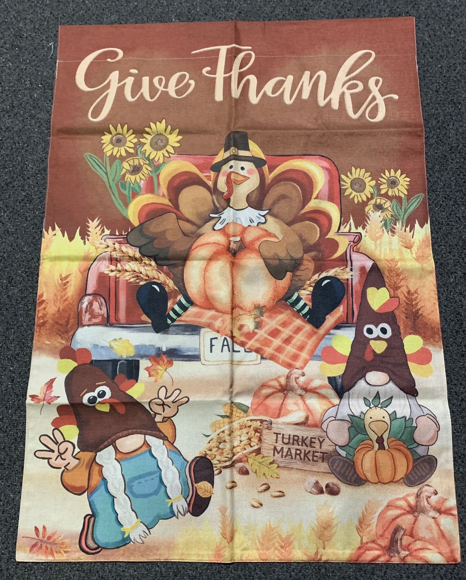 New Large 28” x 40” Give Thanks turkeys canvas double sided thanksgiving garden flag 