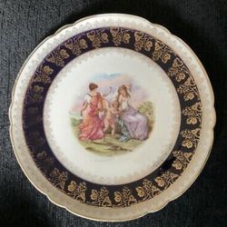 Vintage German cabinet plate motif with cherub and young women with gold gilt
