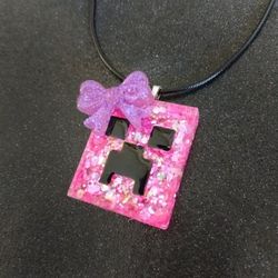 Girls pink Minecraft creeper with purple bow on black cord necklace new handmade 