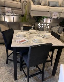 5-pc counter Height Dining table set white faux marble table top with black velvet upholster chairs