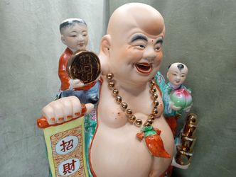 Large 30” Chinese Porcelain Famille Rose Laughing Buddha Statue & 5 Children