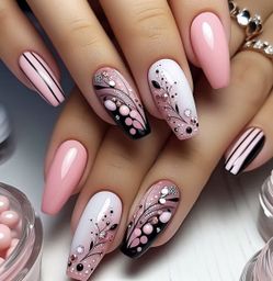 Brand New 24pcs Pink Nail Tips with Black and White Floral Patterns
