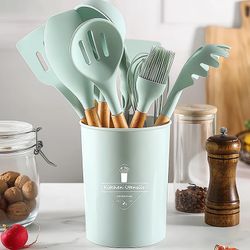 Set utensilios cocina, madera y silicona, 12 piezas