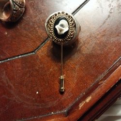 ######1965 Onyx/white/green Flowered STICK-PIN. 1965 Era + Silver SPOON RING#####