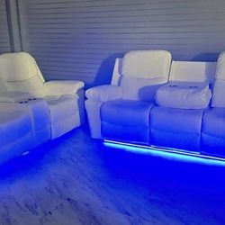 White Leatherette Sofa With LED Lights Recliner