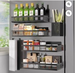 Magnetic Spice Rack Organizer, TAIMASI 6 Pack Moveable Fridge Spice Shelves with Paper Towel & Utensils Holder, Strong Metal Kitchen Organizer, Black