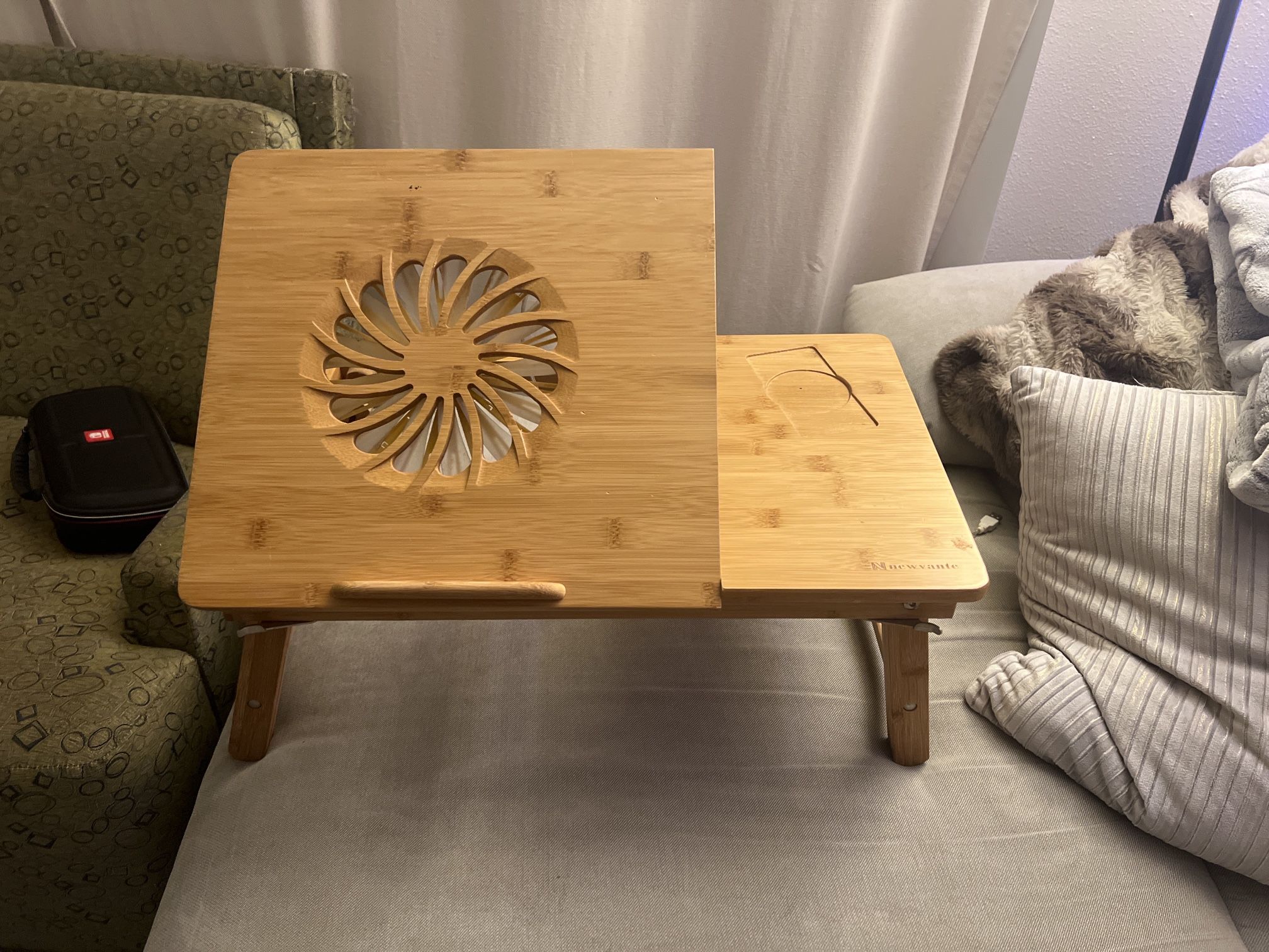 “Adjustable Bamboo Laptop Table with Cooling Fan – Like New”