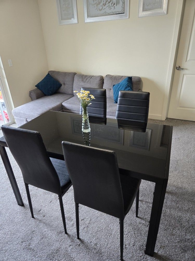 Asofer Glass Dining Room Table Sets for 4, Kitchen Table with PU Chair, Modern Room Sets for Home, Black