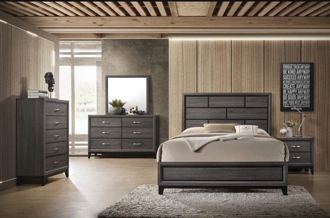 Brand New Grey 4pc Queen Size Bedroom Set (Available In California & Eastern King Size)