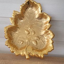 Vintage 24-K Goldplate WMF-IKORA Strawberrys Molded in Large Gold Leaf Shaped Bowl. Lovely for Use or Display.