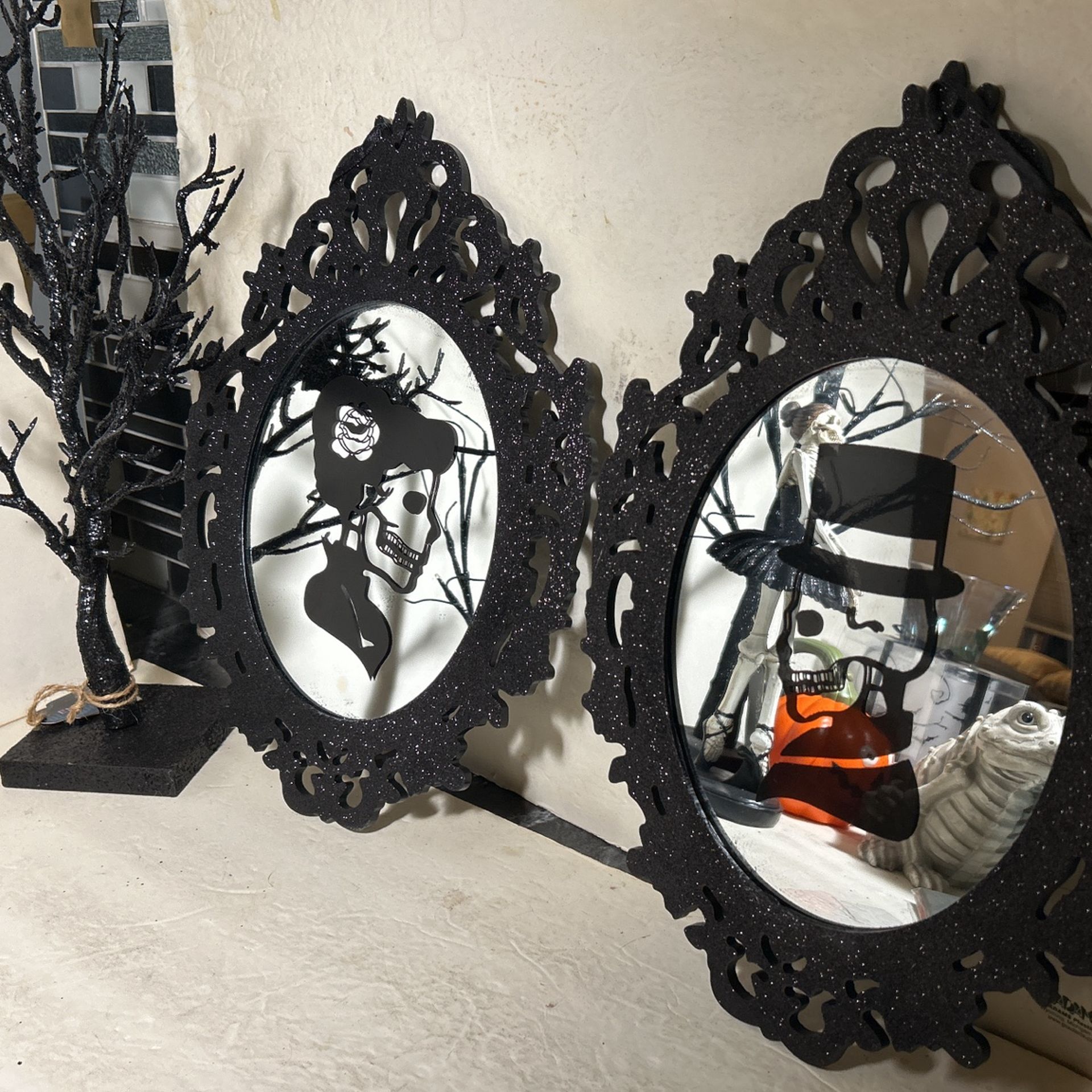 Set Of 2 Victorian Gothic Skull Portrait Mirrors W/Black Filigree Borders NWT
