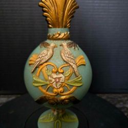 Vintage Ceramic Perfume Bottle Birds Flowers Motif 8"