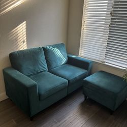 Velvet Green Teal Loveseat With Ottoman And Storage